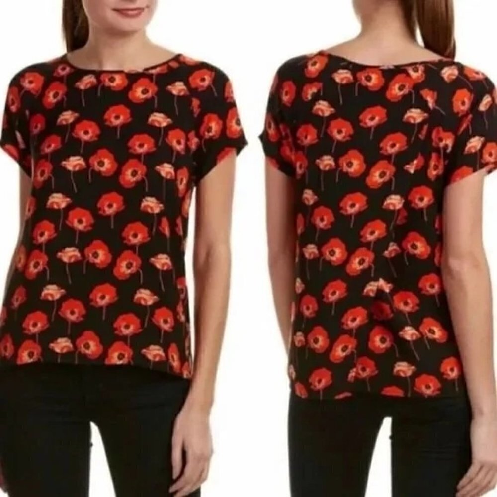 Cabi‎ Black Flanders Red Poppy Short Sleeve Blouse S #3251